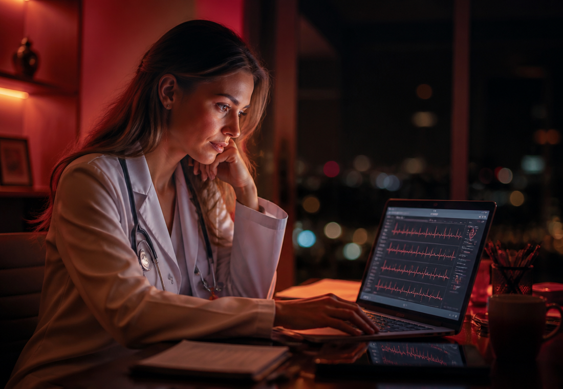 Médica cardiologista estudando eletrocardiogramas no notebook